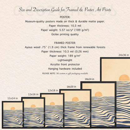 Size and description guide for framed and poster art prints, showing a row of framed prints with different sizes and a simple sunset wave design on a light beige background.