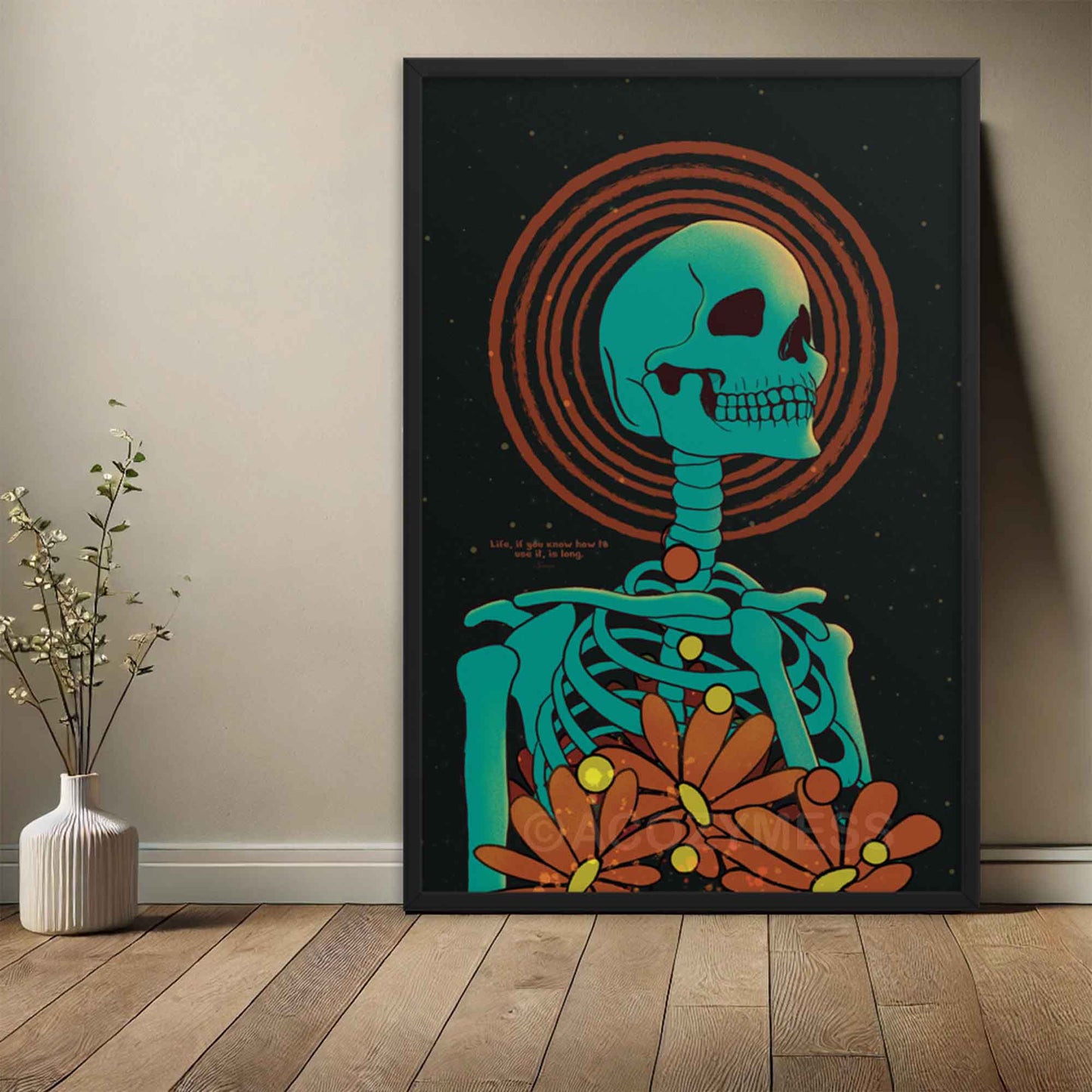 Seneca on life skeleton art print in black frame.