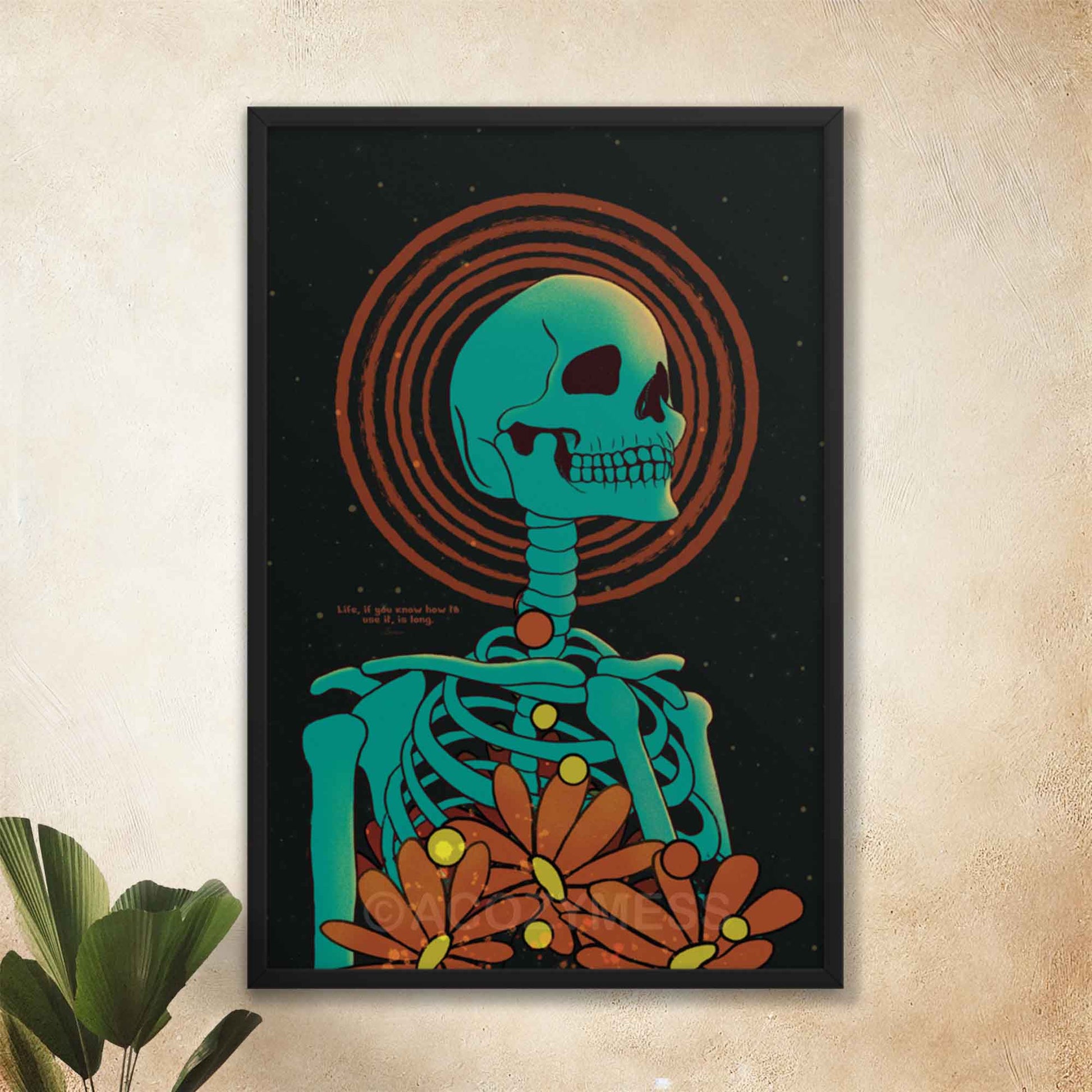 Seneca on life skeleton art poster in black frame.