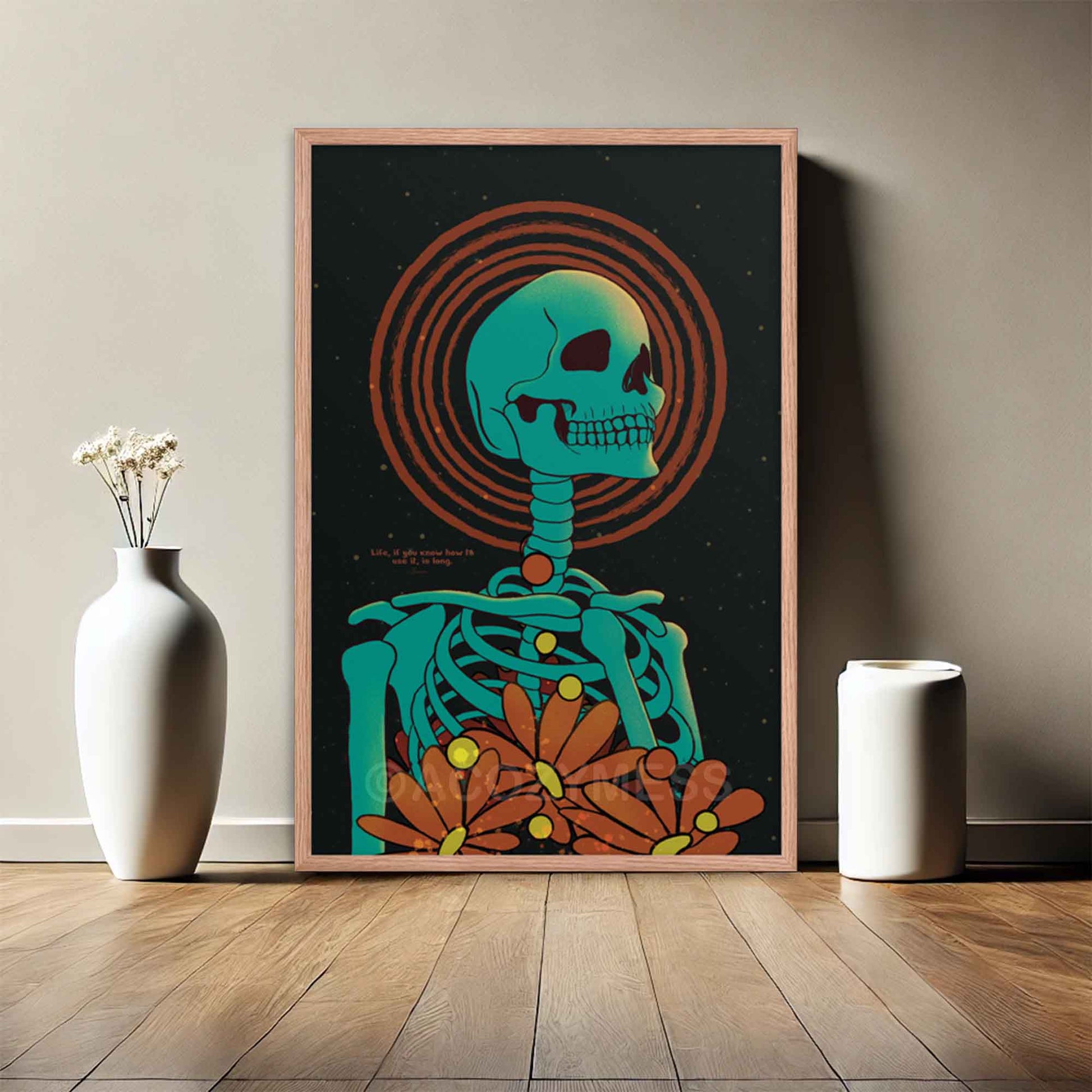 Seneca on life skeleton art poster in oakwood frame.