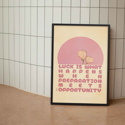 Seneca Poster in pink and beige color in black frame.