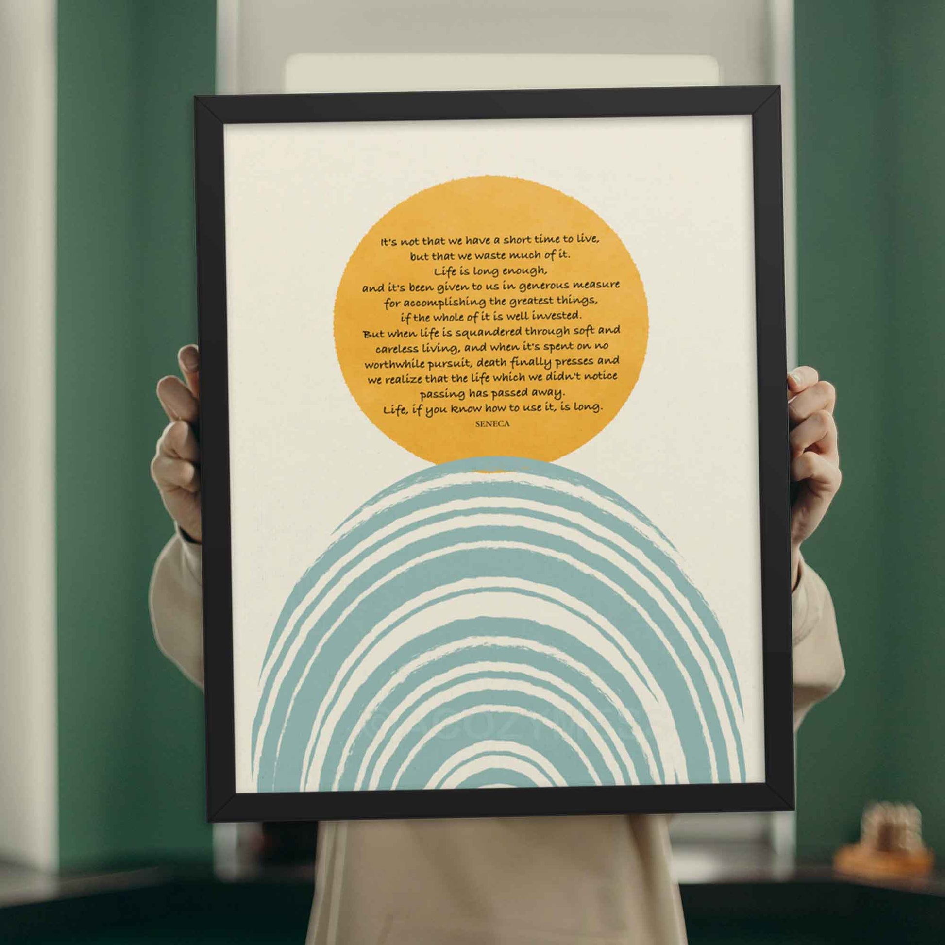 Seneca poster with shortness of life quote with blue and yellow illustration, displayed in black frame