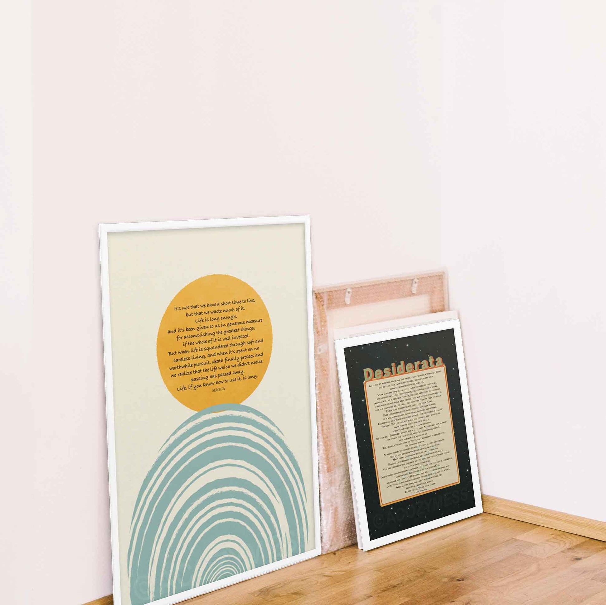 stoic and desiderata poem posters in white frame