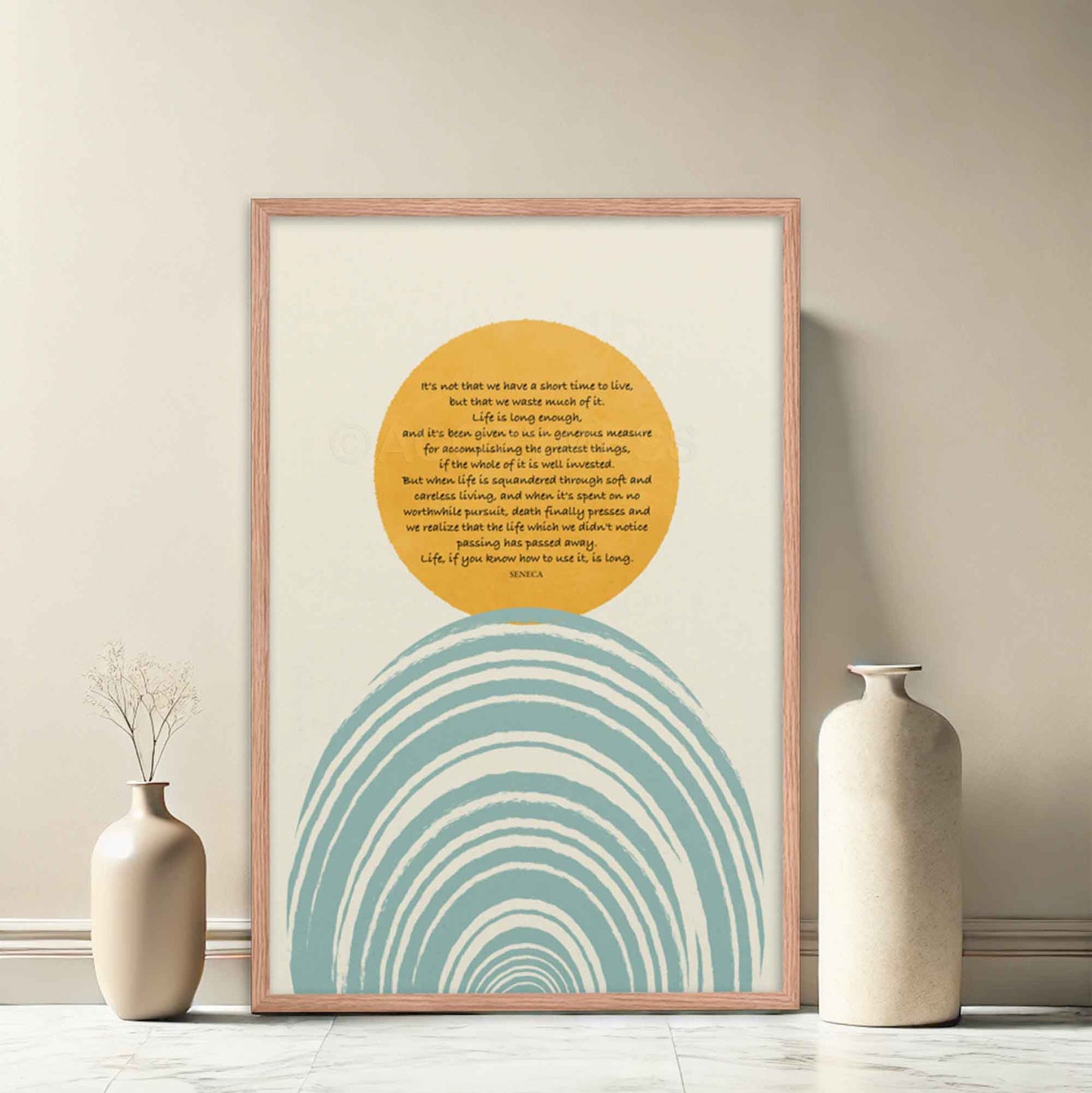 Seneca poster with shortness of life quote with blue and yellow illustration, displayed in oakwood frame