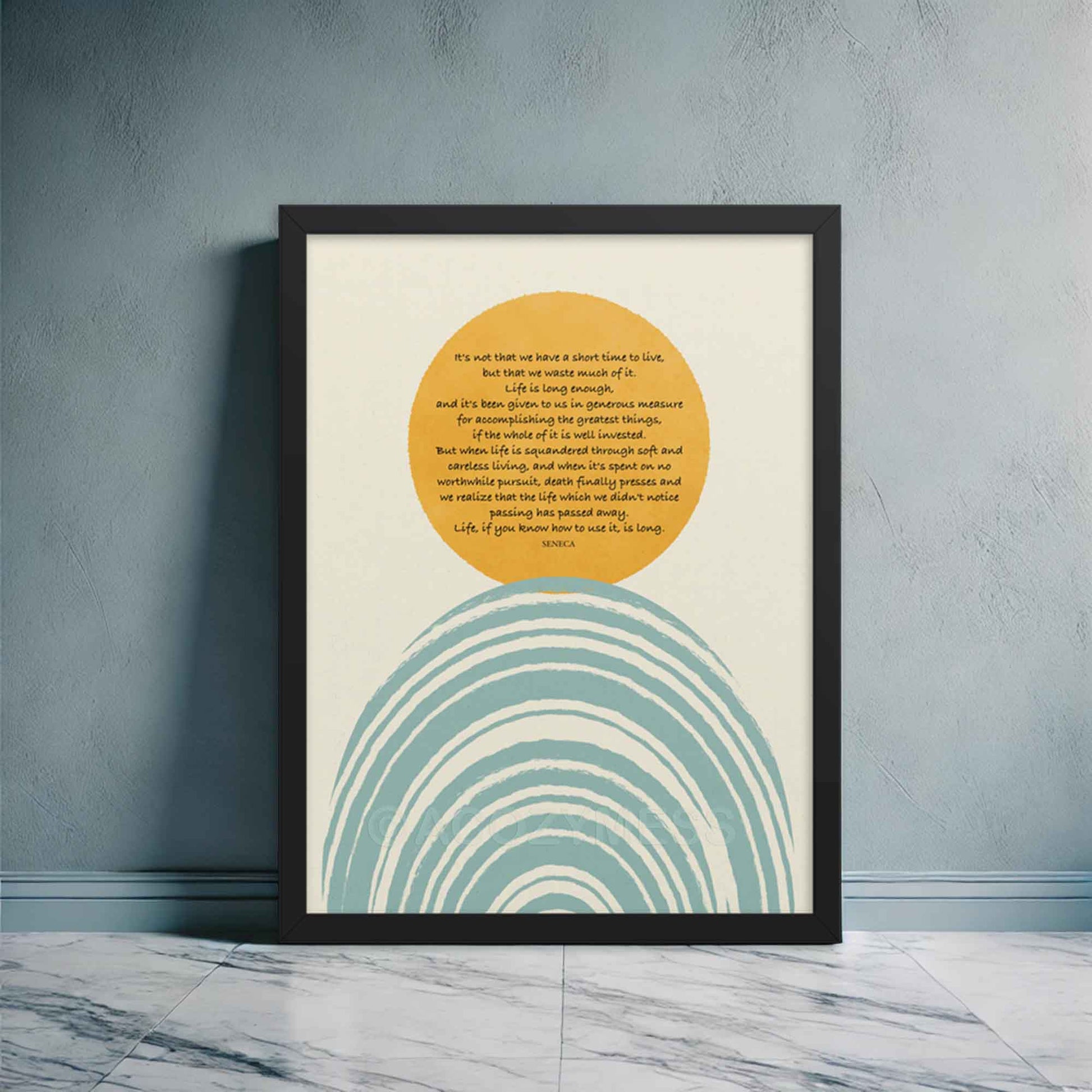 Seneca poster with shortness of life quote with blue and yellow illustration, displayed in black frame