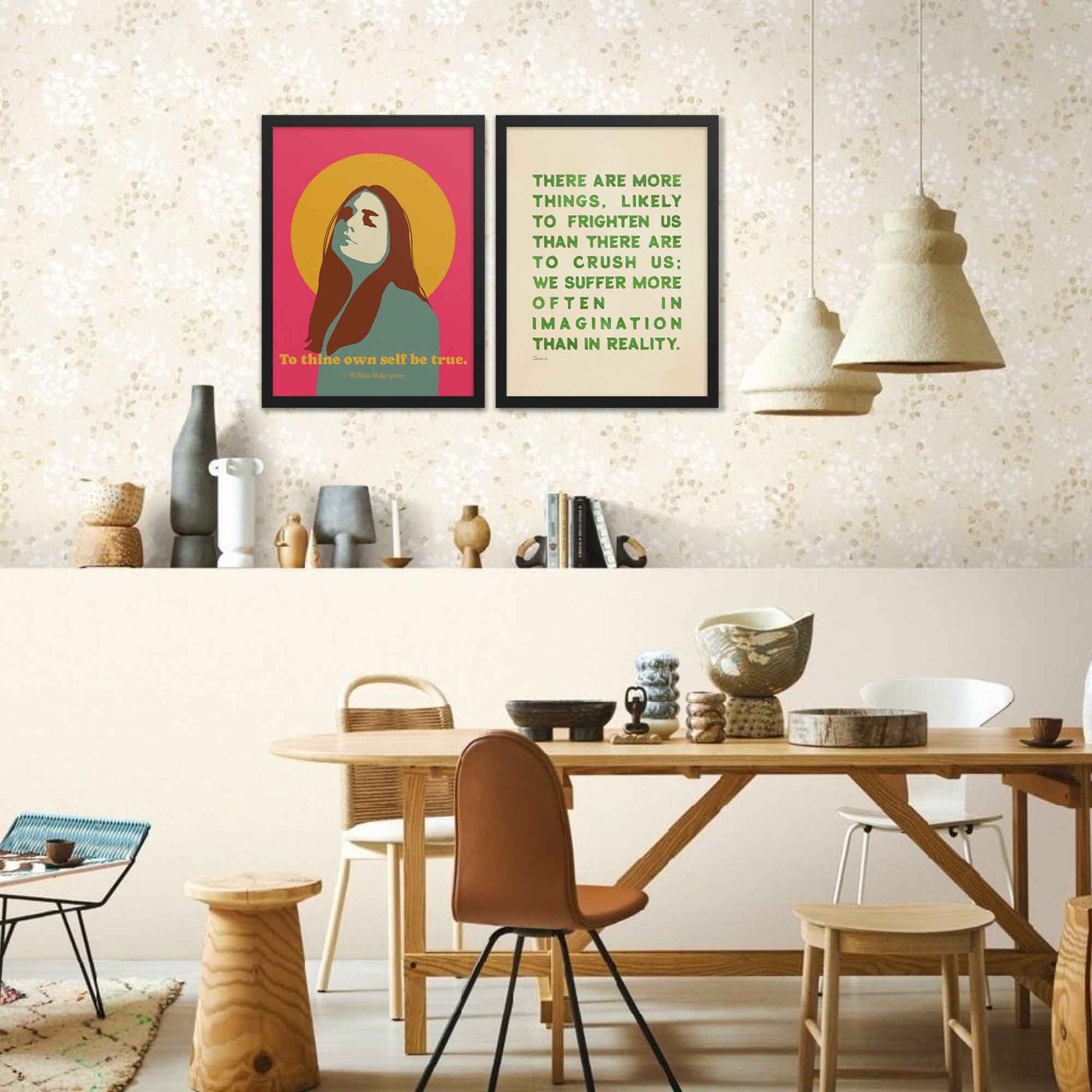 Seneca quote on fear poster, green on beige, displayed in black frame.