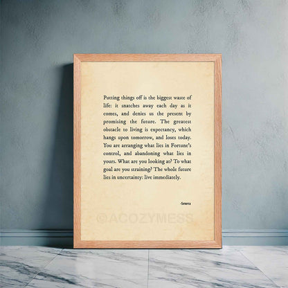 A vintage-style Seneca poster featuring a powerful Stoic quote by Seneca in black typography on an aged, old-paper background in oakwood frame.