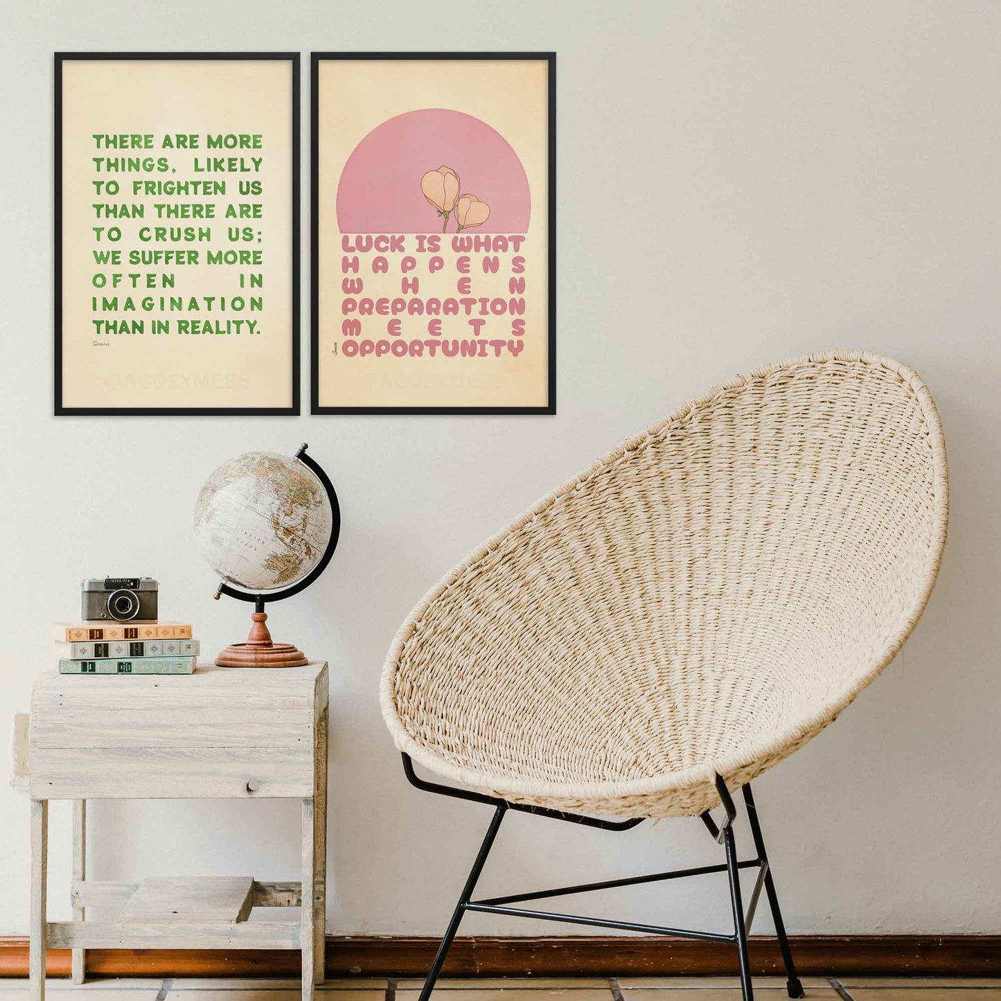 Seneca quote poster with the words, 'Luck is what happens when preparation meets opportunity,' in pink and beige with a delicate floral design, displayed in a black frame on a gallery wall