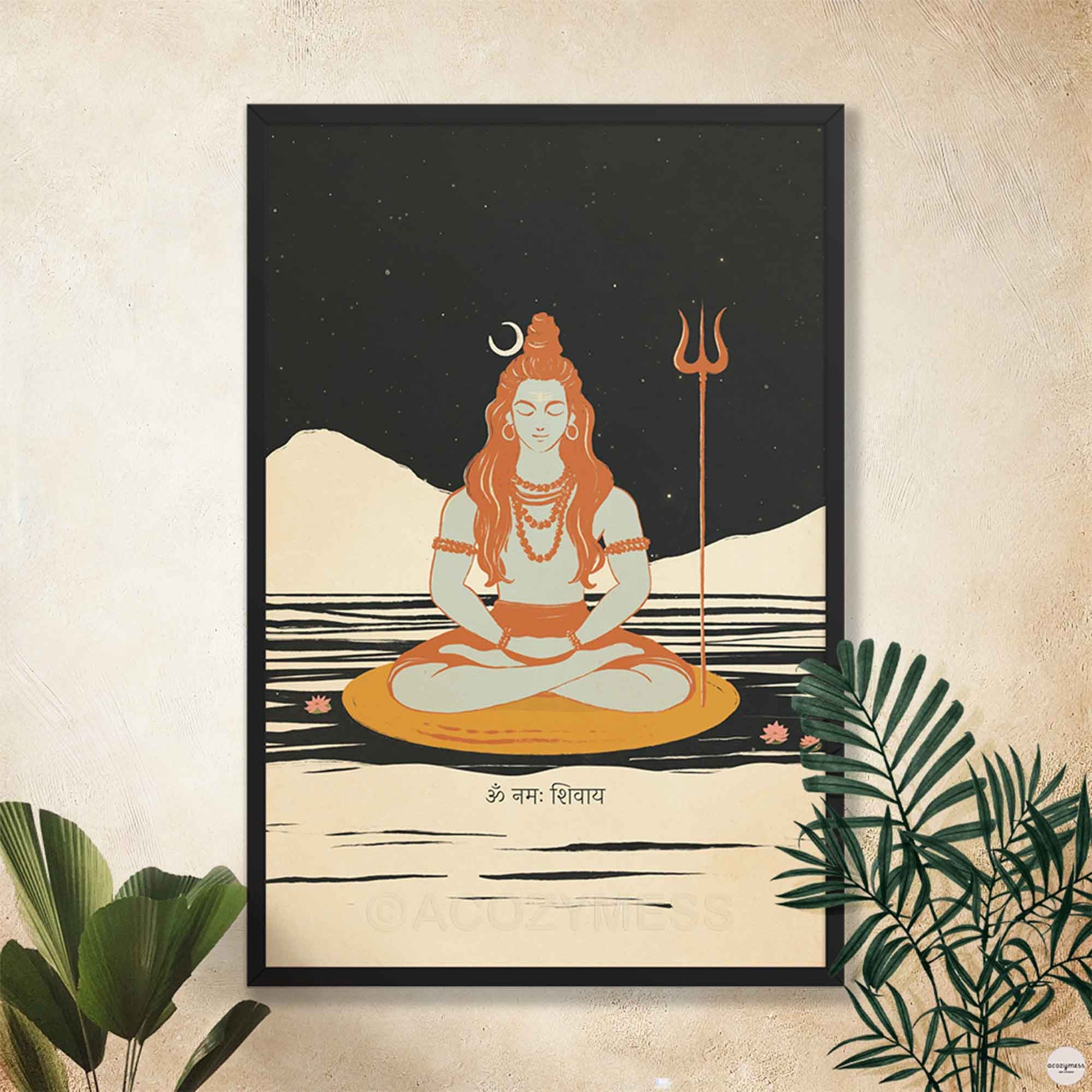 A wall art poster featuring Lord Shiva in a meditative pose, illustrated with flowing hair, a crescent moon, third eye, and trident in black frame