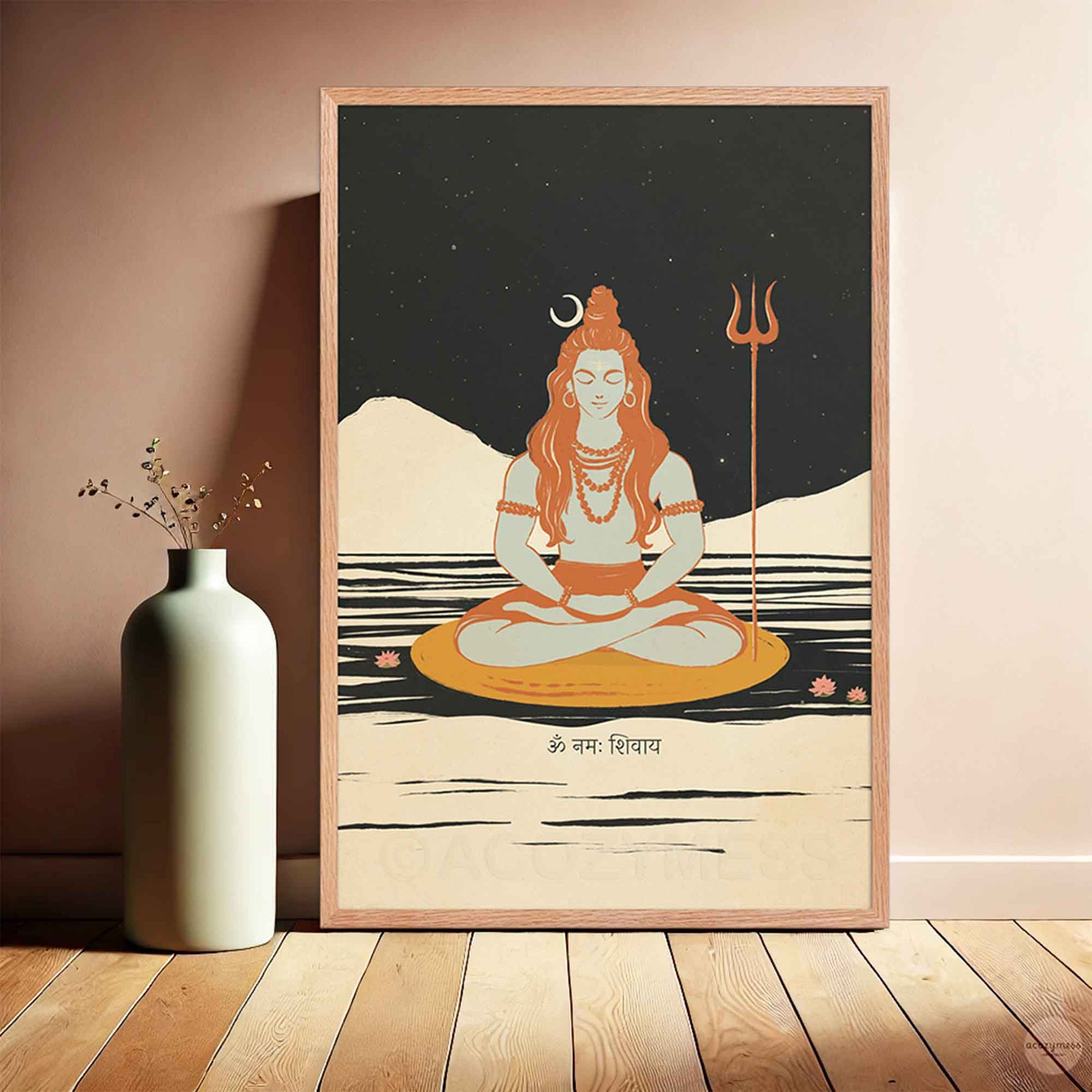 A wall art poster featuring Lord Shiva in a meditative pose, illustrated with flowing hair, a crescent moon, third eye, and trident in oakkwood frame