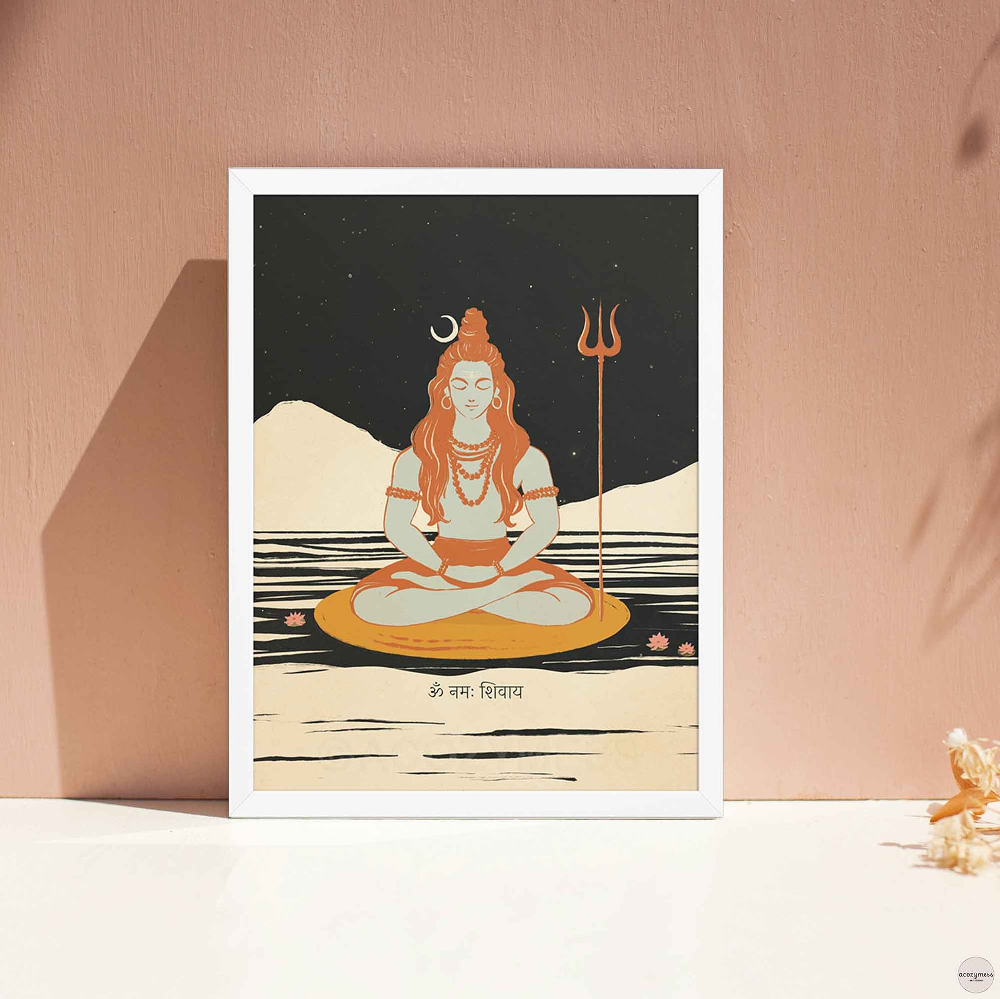 A wall art poster featuring Lord Shiva in a meditative pose, illustrated with flowing hair, a crescent moon, third eye, and trident in white frame