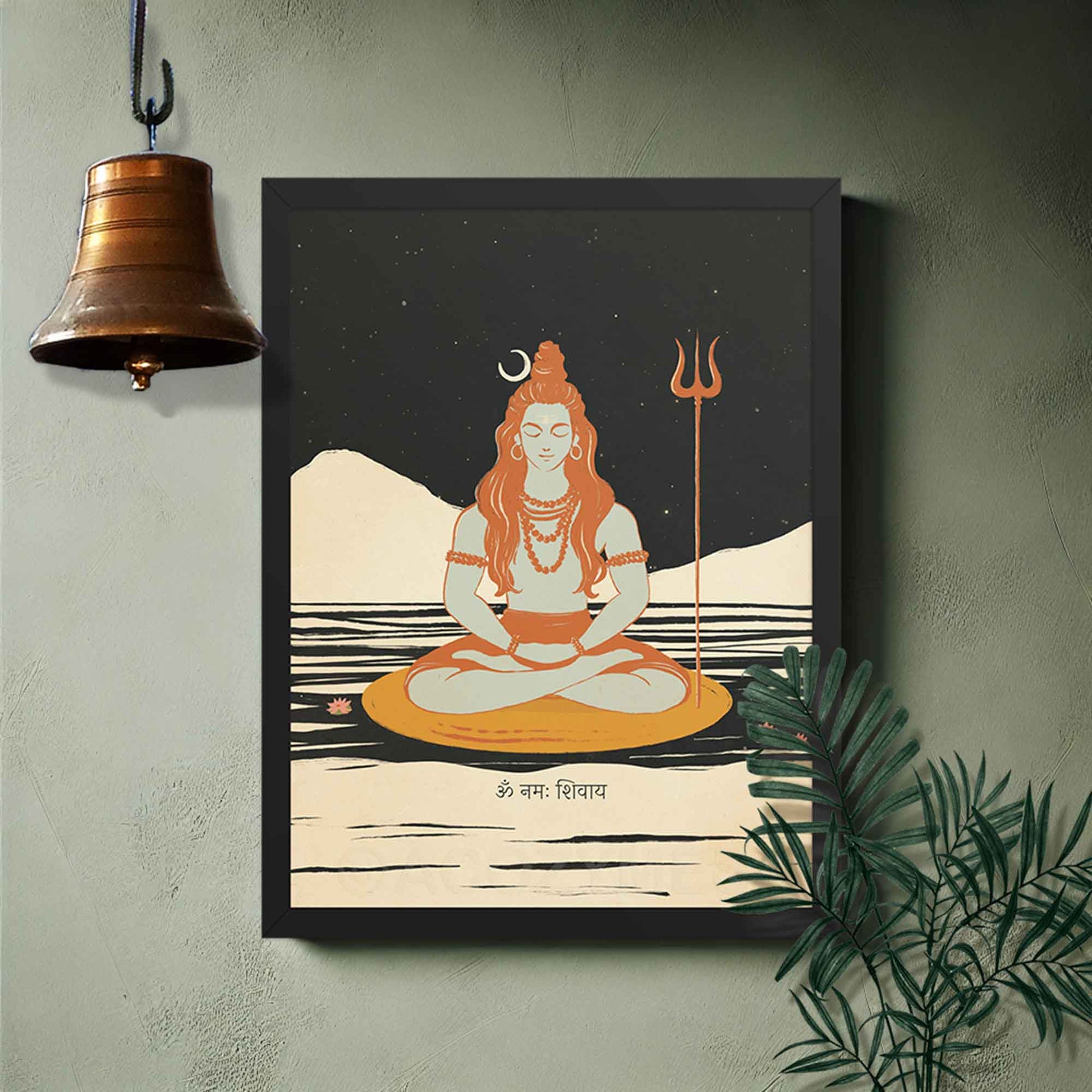 A wall art poster featuring Mahadev in a meditative pose, illustrated with flowing hair, a crescent moon, third eye, and trident in black frame