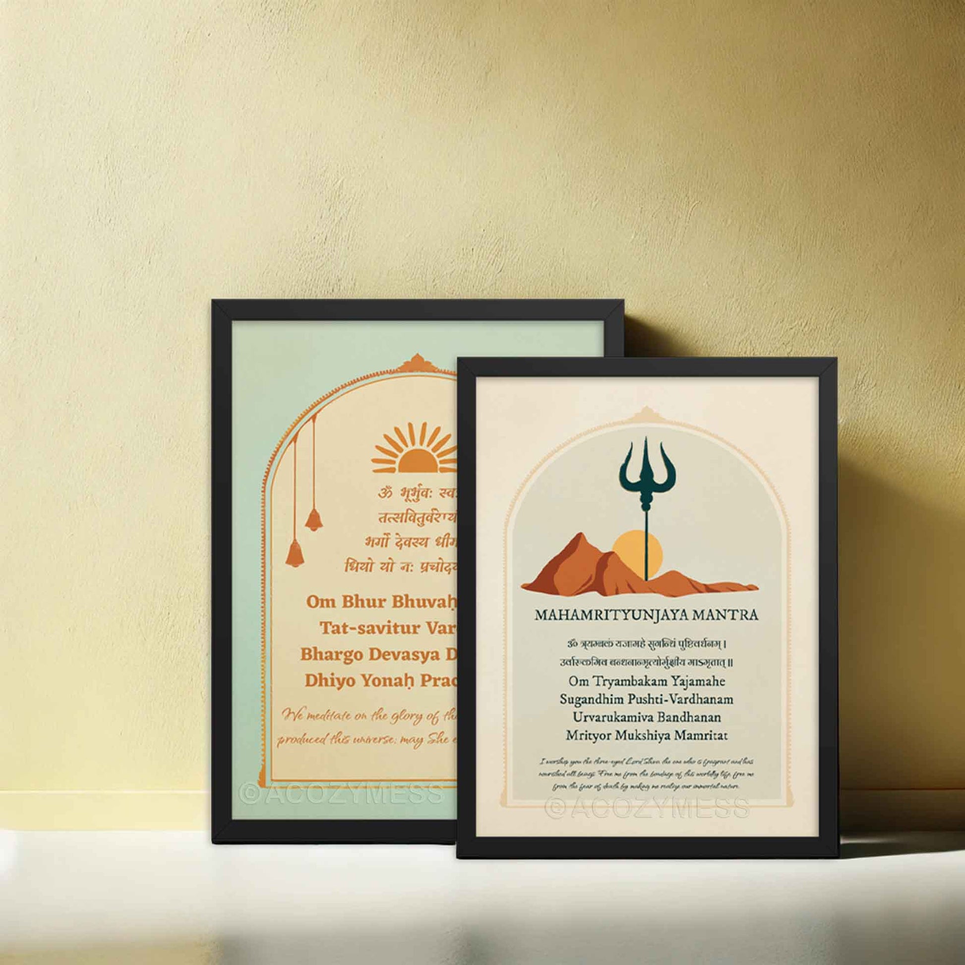 mahamrityunjaya mantra and gayatri mantra wall art prints in black frames.