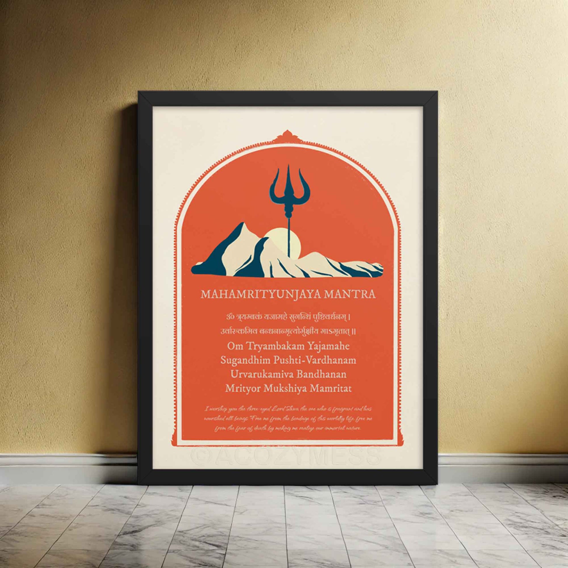 MahaMritunjaya mantra poster with mountain and trishul illustration symbolizing shiva in red, biege and blue, in black frame.