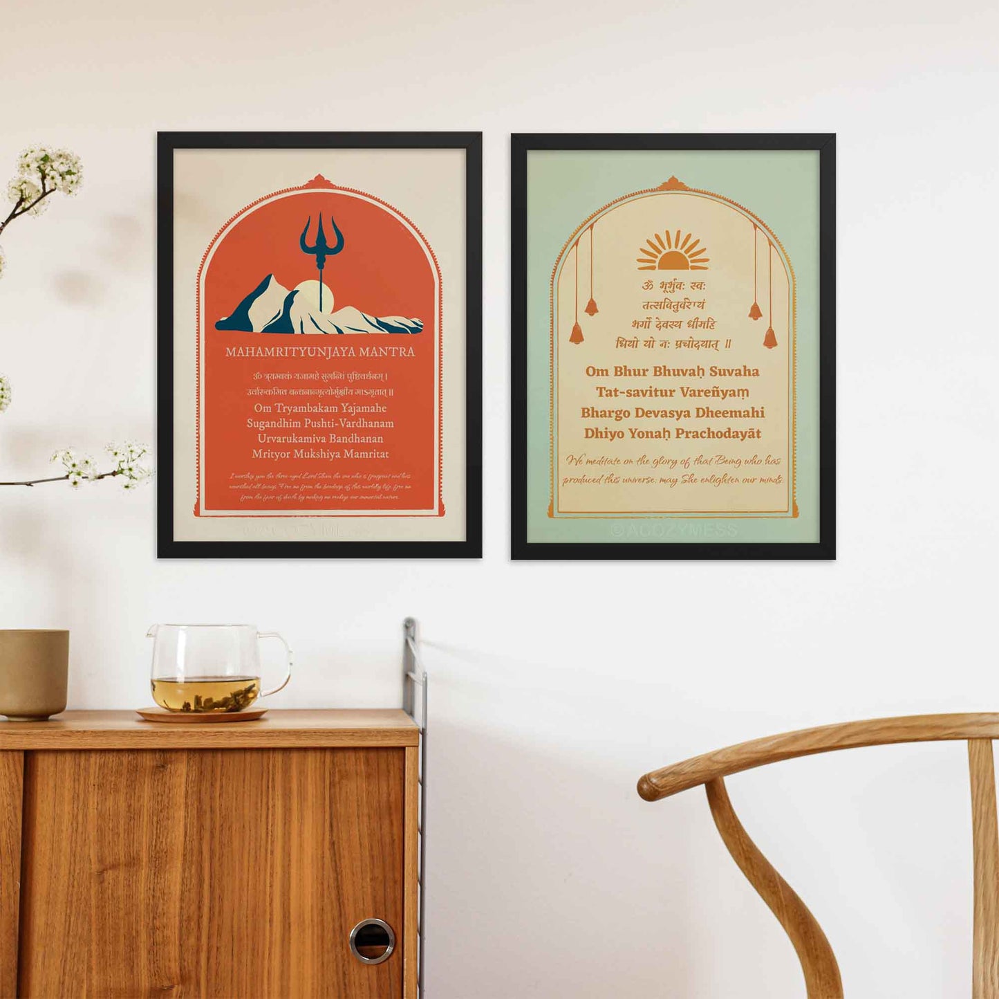 MahaMrityunja mantra poster and Gayatri mantra poster framed in black.