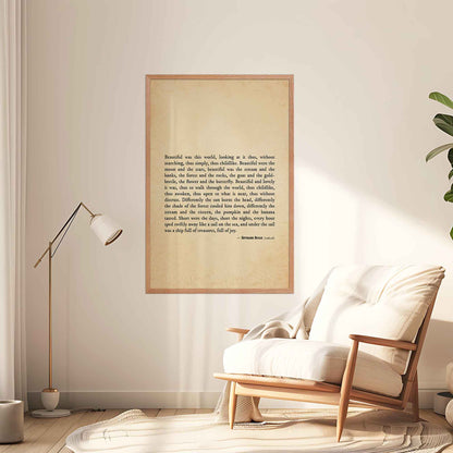 A vintage-style poster featuring a quote from Hermann Hesse’s Siddhartha in black typography on an old paper-textured background. The design evokes a sense of nostalgia, mindfulness, and childlike wonder, encouraging appreciation for the beauty of the natural world in an oakwood frame for a mindful decor