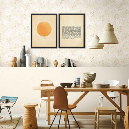 A vintage-style poster featuring a quote from Hermann Hesse’s Siddhartha in black typography on an old paper-textured background. The design evokes a sense of nostalgia, mindfulness, and childlike wonder, encouraging appreciation for the beauty of the natural world in a black frame on a living room wall.