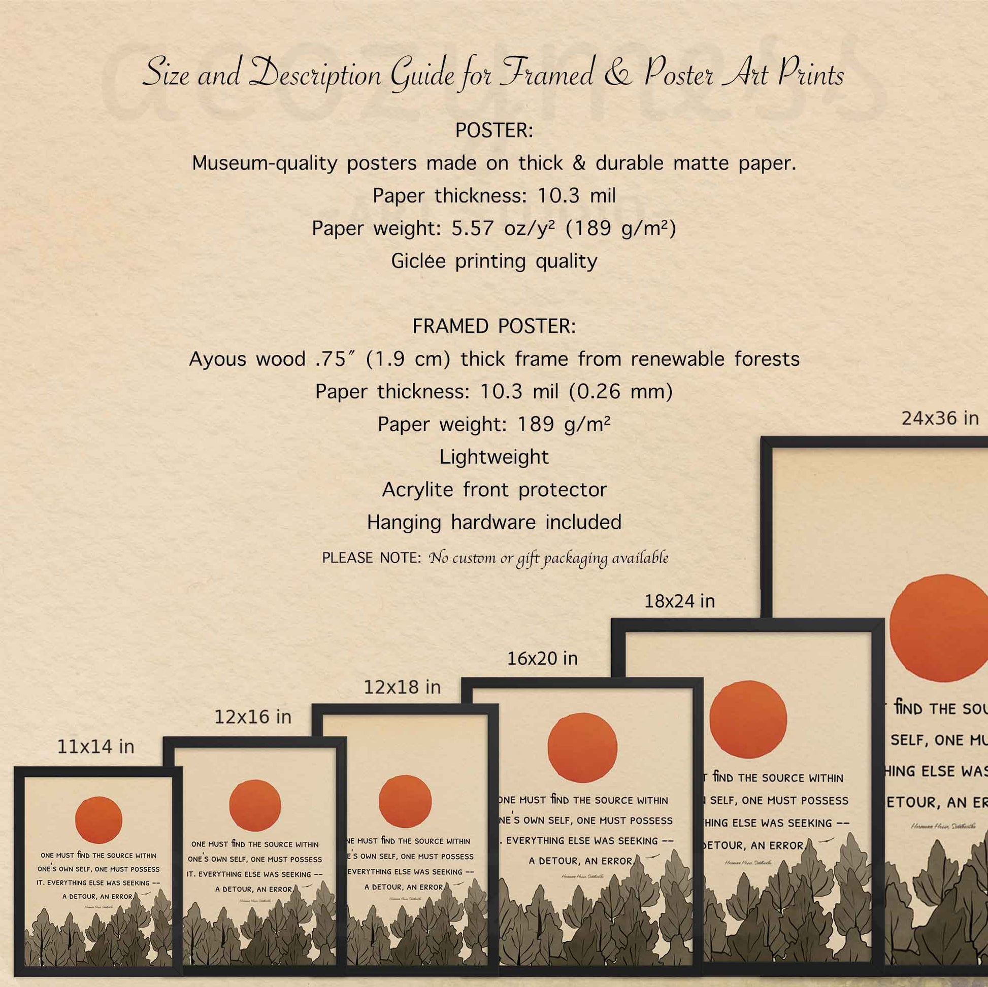 11x14, 12x16, 12x18, 16x20, 18x24, 20x30 framed and unframed poster options description guide