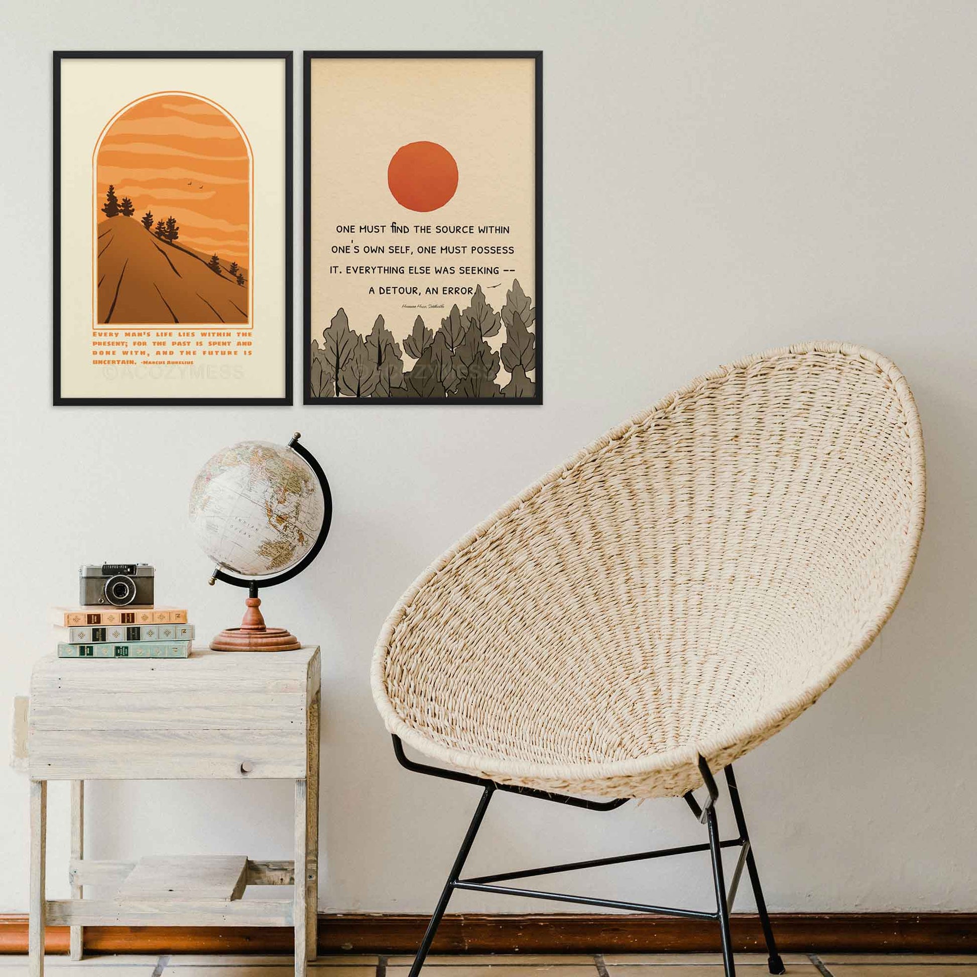 Siddhartha quote poster and stoic wall poster in black frames.