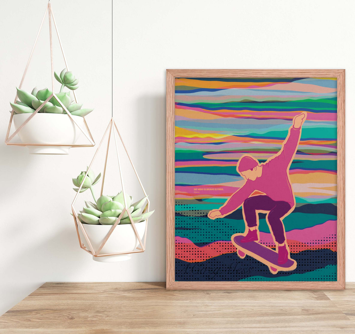 Vibrant & colorful skateboarder art with seneca quote " he who is brave is free" in oak frame