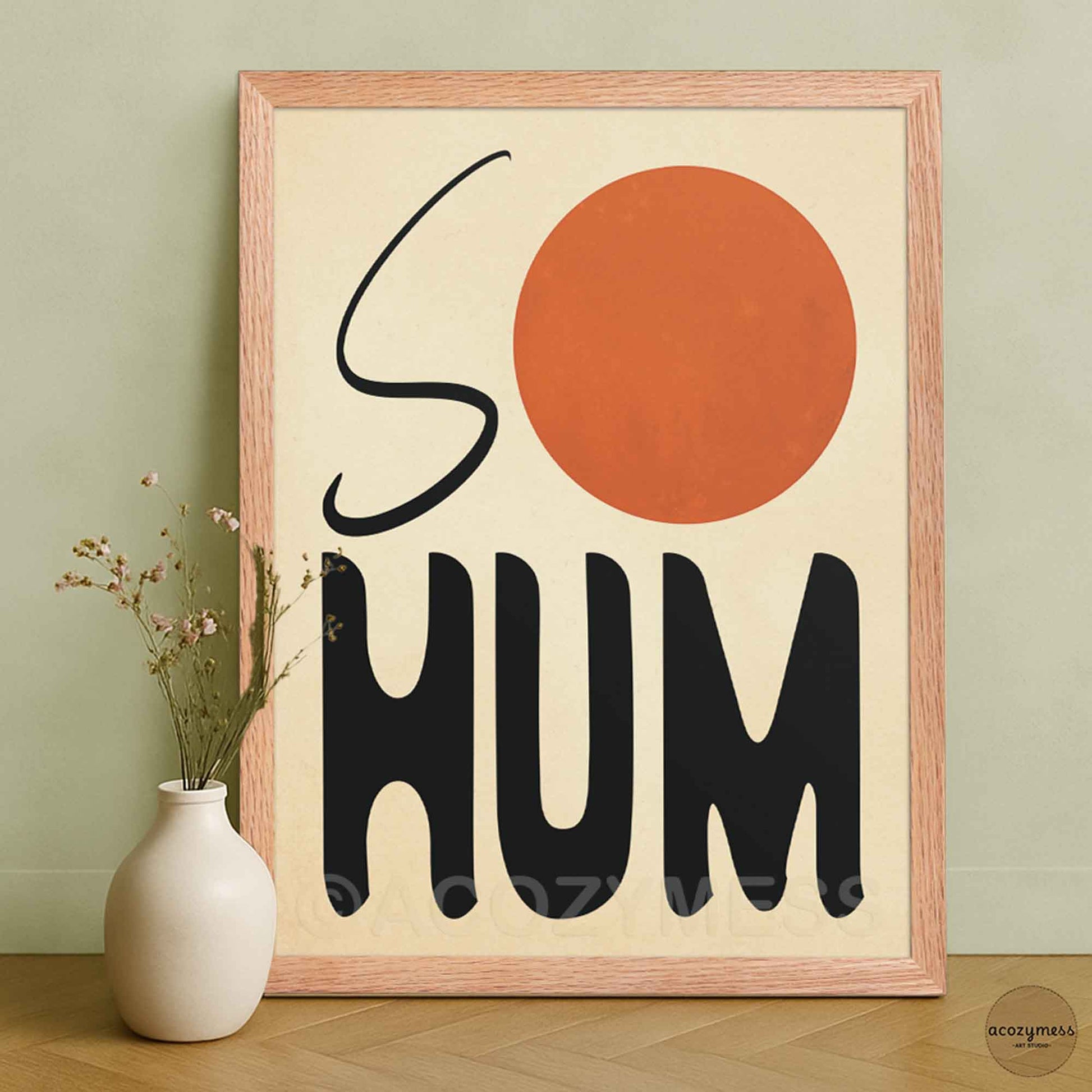 So Hum mantra poster in an oakwood frame with sun art on beige background, for zen aesthetic decor