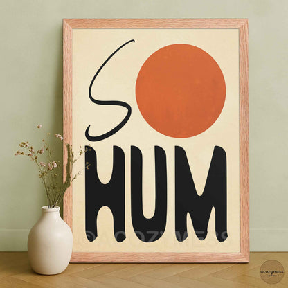 So Hum mantra poster in an oakwood frame with sun art on beige background, for zen aesthetic decor