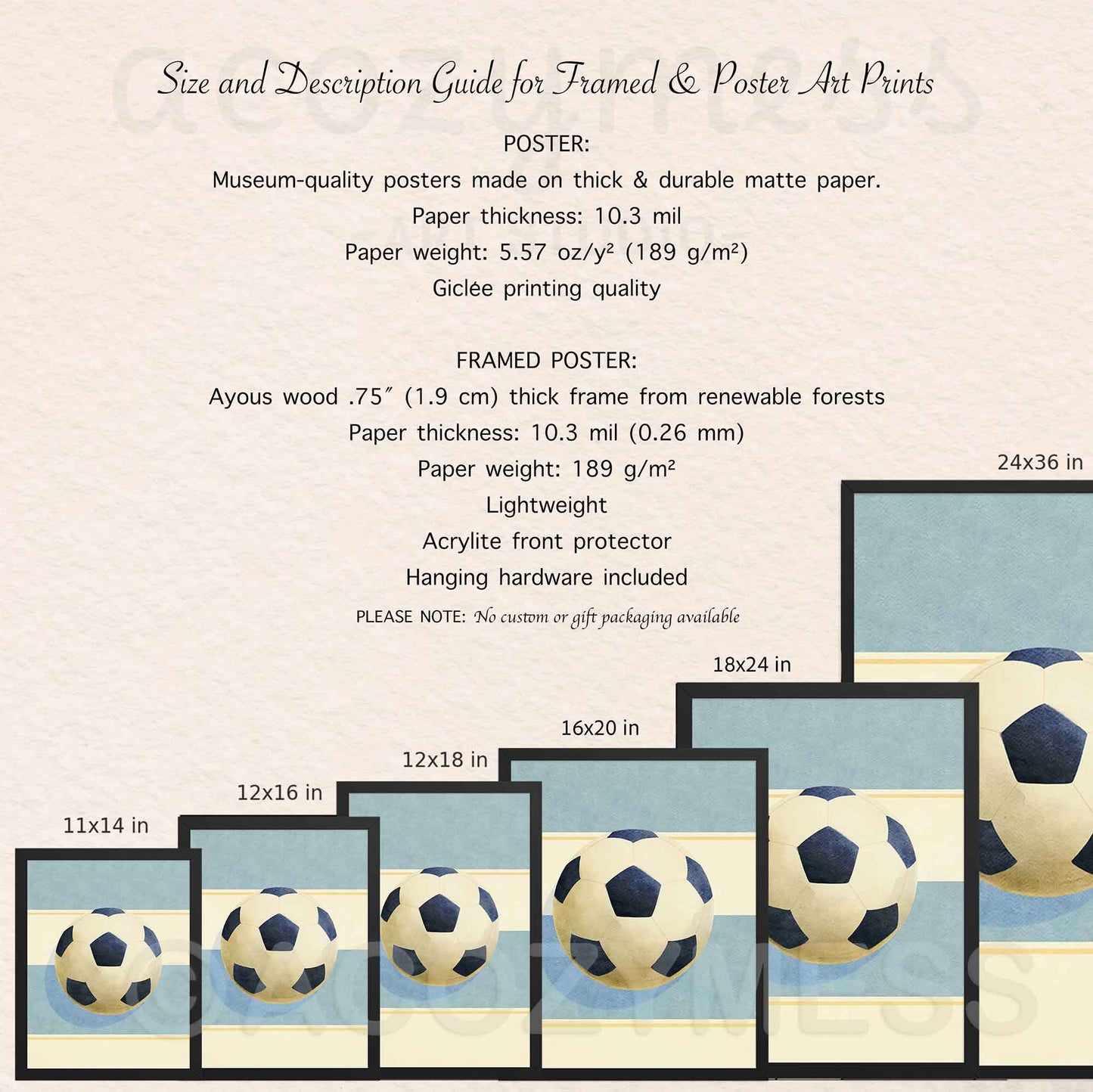 Size and description guide for framed and poster art prints with soccer ball design.