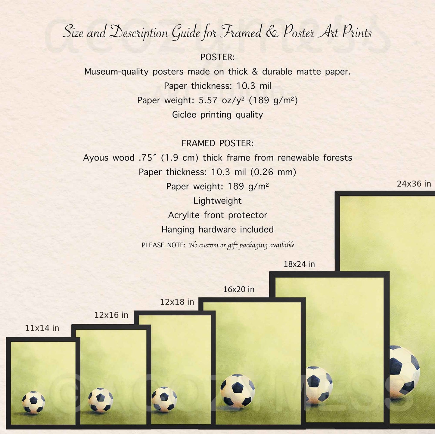 Size and description guide for framed and poster art prints with soccer ball illustrations.