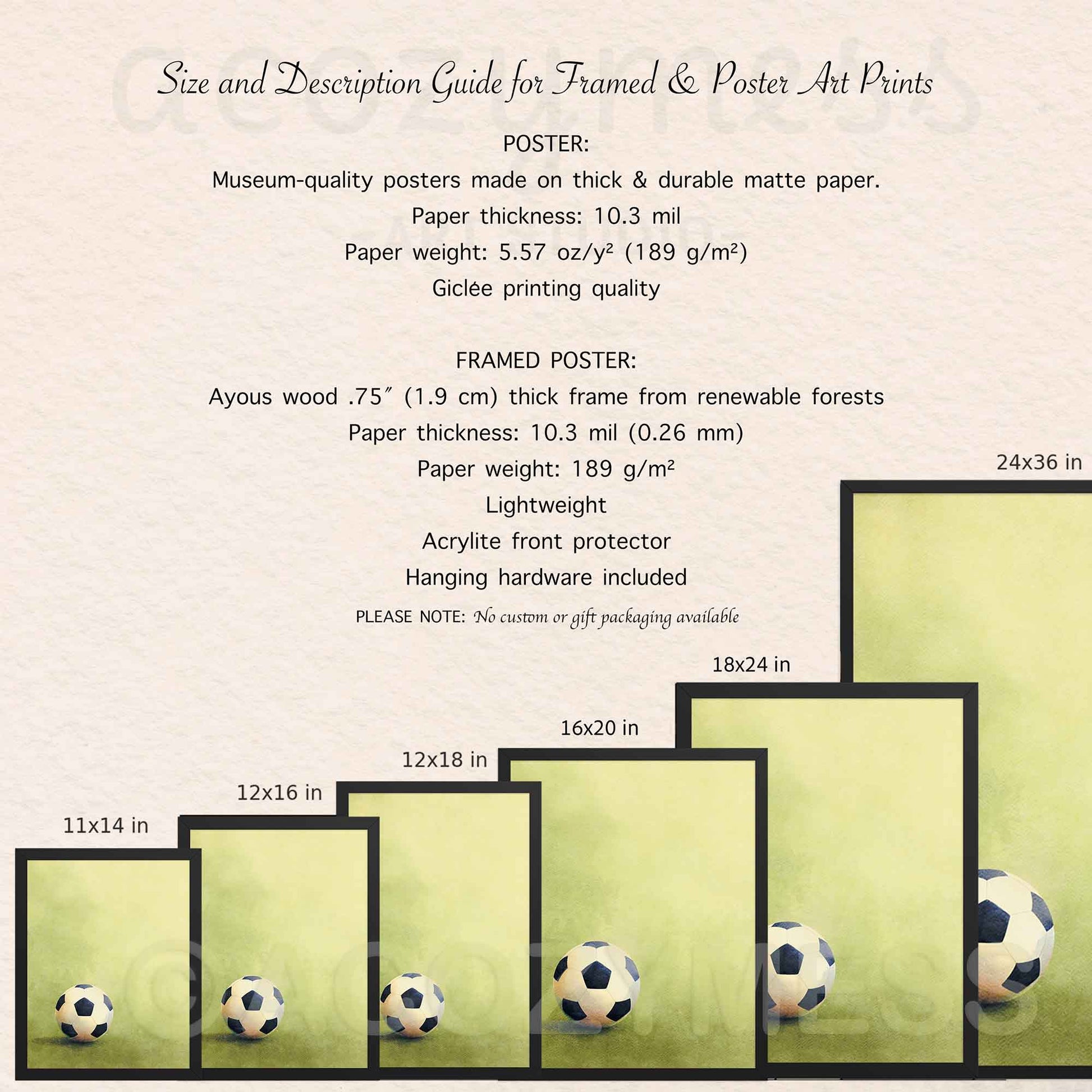 Size and description guide for framed and poster art prints with soccer ball illustrations.