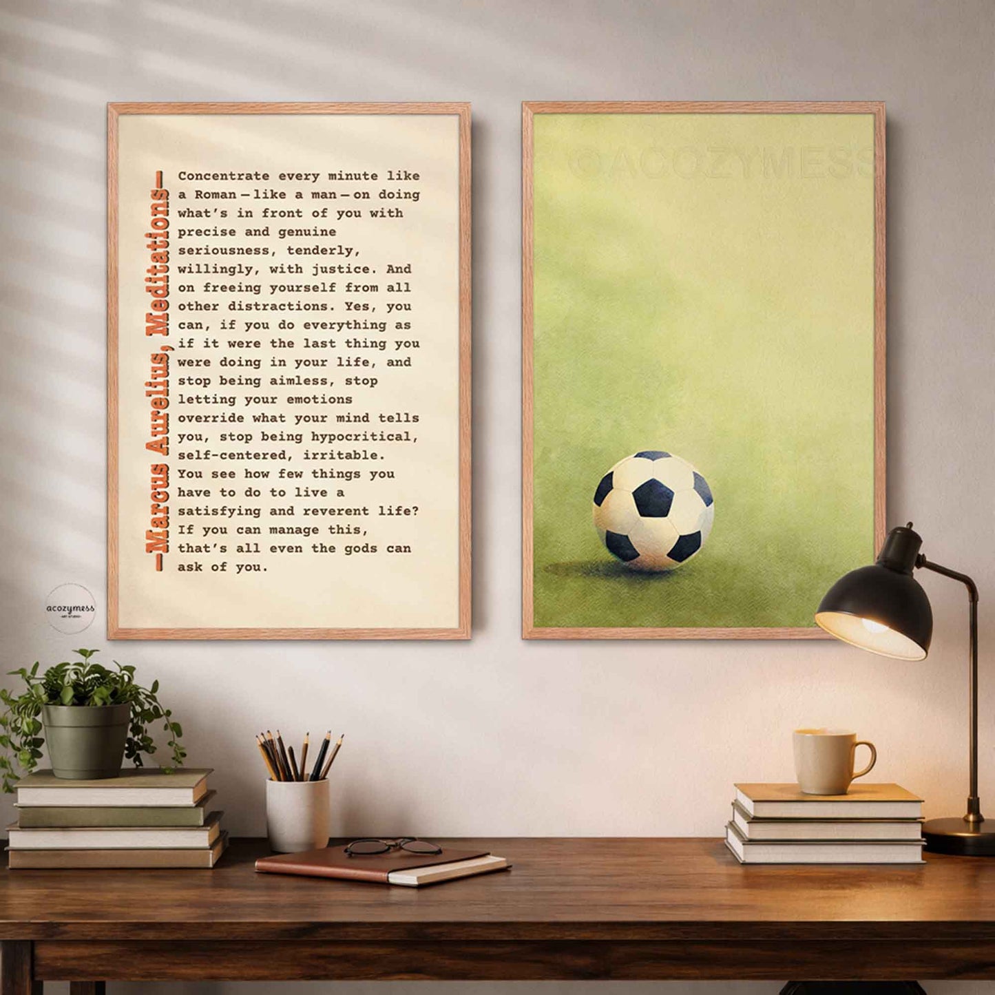 Two oakwood framed pictures on a wall of soccer art and marcus aurelius print.