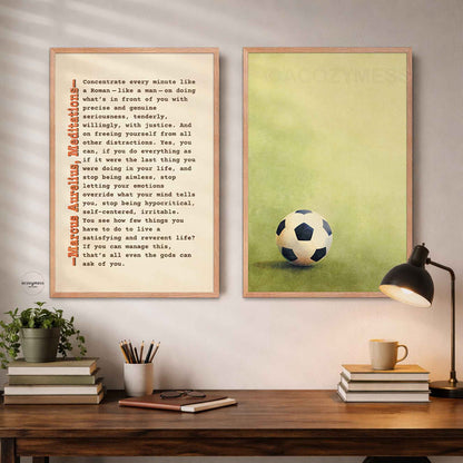 Two oakwood framed pictures on a wall of soccer art and marcus aurelius print.