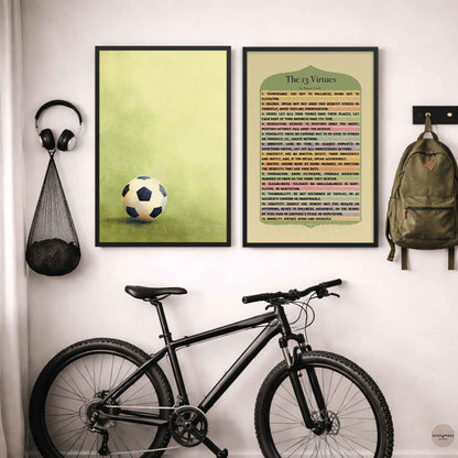 Soccer wall art in black frame—soccer ball on green grass field background for game room decor.