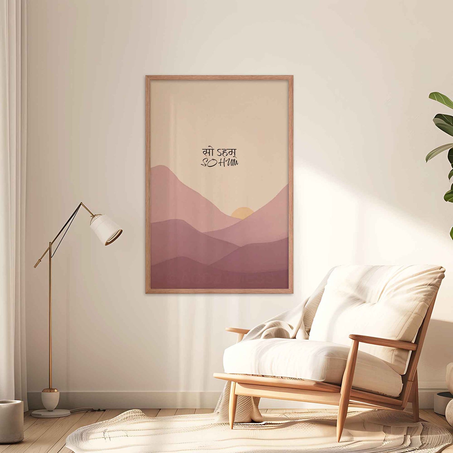 So Hum mantra art poster with a tranquil design, ideal for calming spaces displayed in oakwood frame.