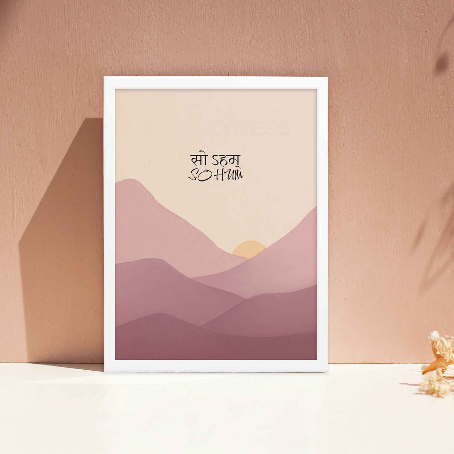 So Hum mantra art poster with a tranquil design, ideal for yoga rooms or meditation spaces, displayed in white frame.