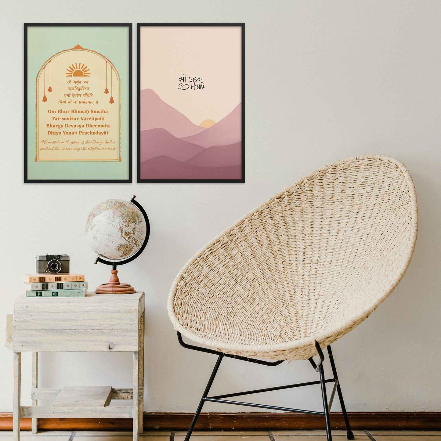 So Hum mantra art poster with a calming landscape art, ideal for yoga rooms or meditation spaces, displayed in black frame.