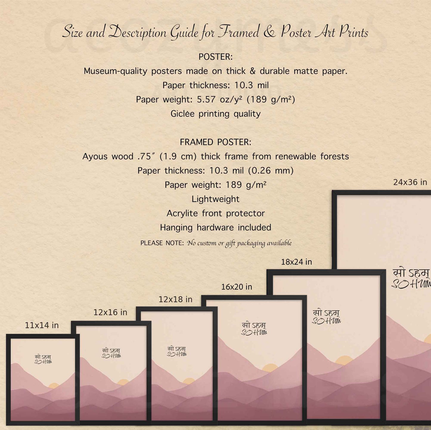 size and description details of so hum mantra art print