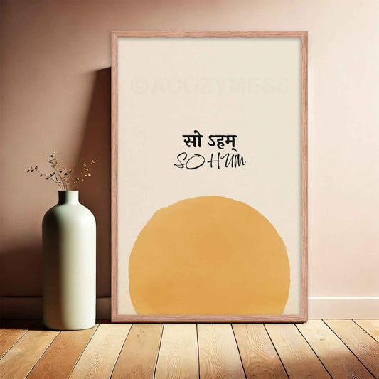 so hum mantra poster with sun art on beige background, displayed in oakwood frame.