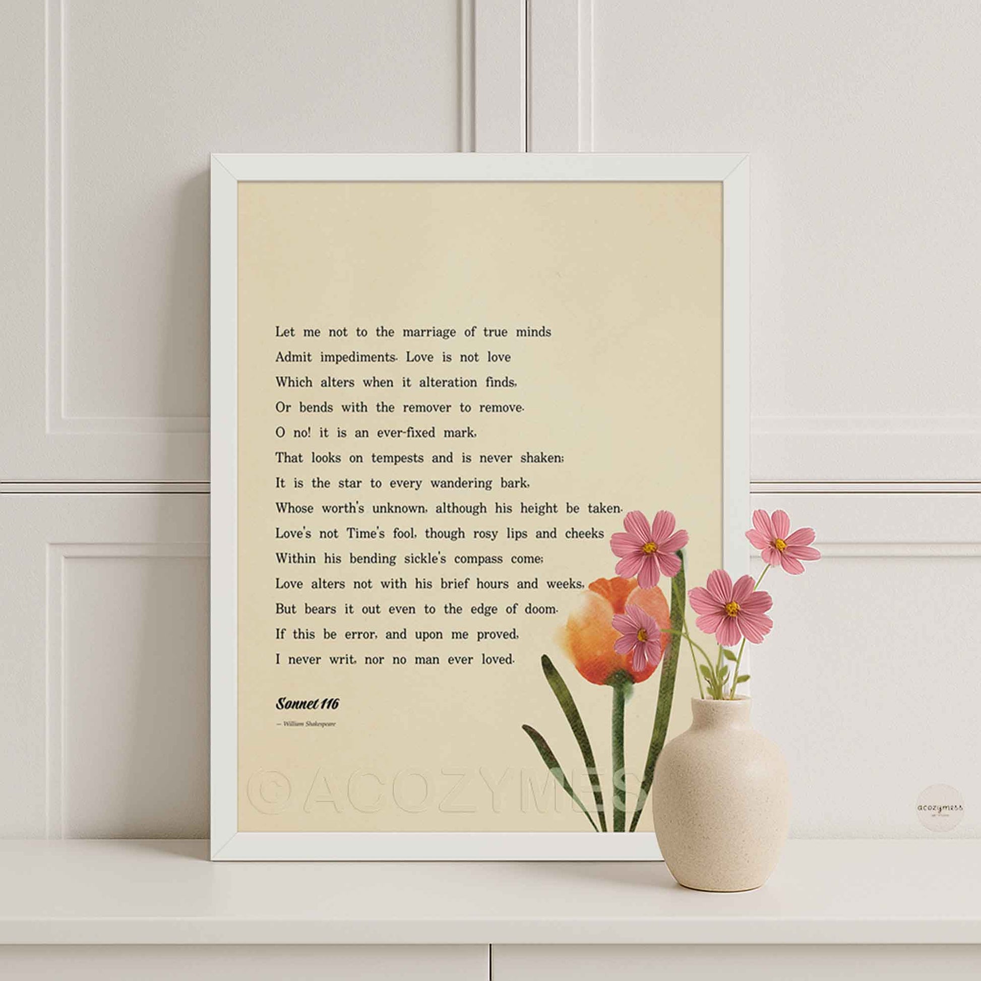 White Framed Sonnet 116 poem with a tulip illustration