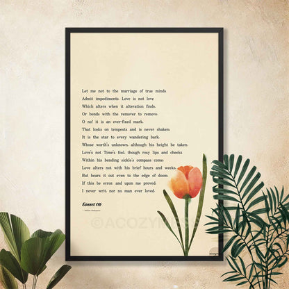 Black Framed Sonnet 116 poem by William Shakespeare with a tulip art on beige background 