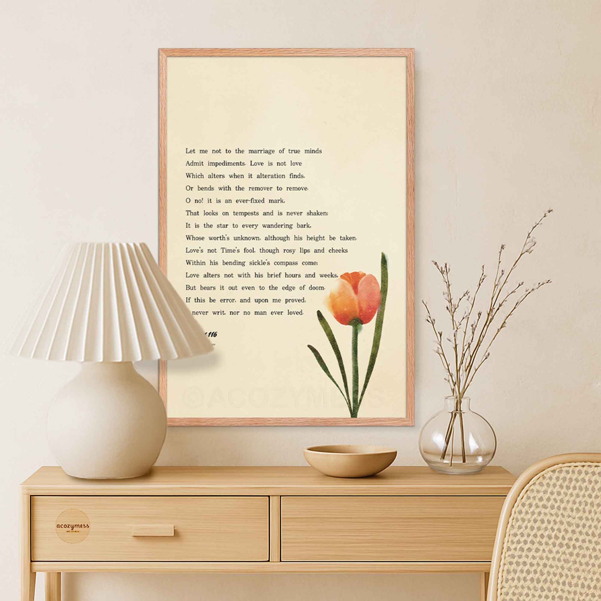 Oakwood Framed poster of Sonnet 116 poem by William Shakespeare with a tulip art on beige background 