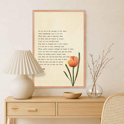 Oakwood Framed poster of Sonnet 116 poem by William Shakespeare with a tulip art on beige background 