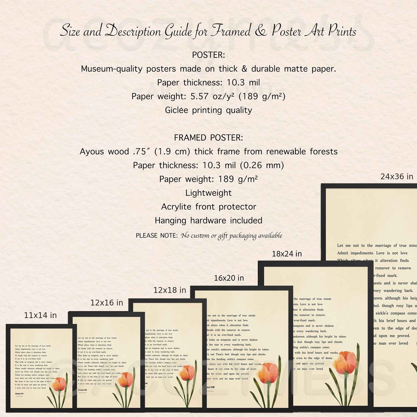 Shakespeare poster - Size and description guide for framed and poster art prints with dimensions and material details.