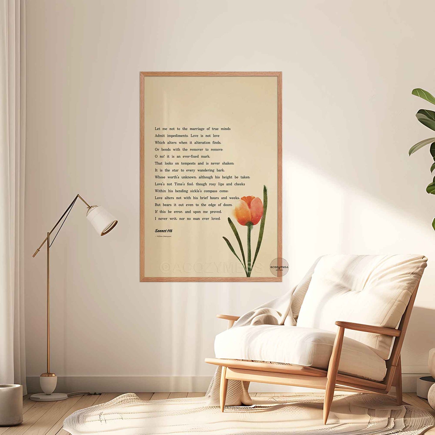 Oakwood Framed Sonnet 116 poem by William Shakespeare with a tulip art on beige background 