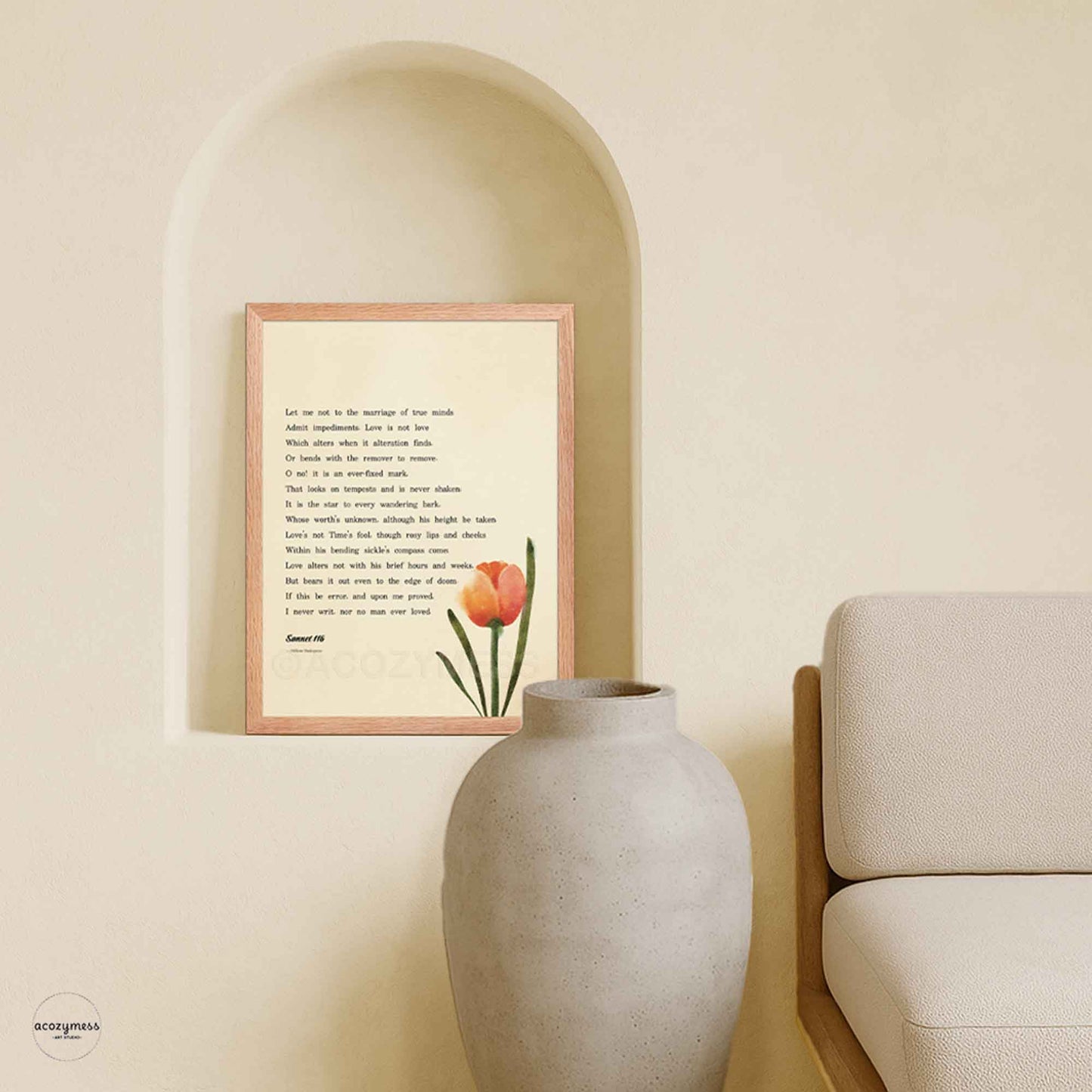 Oakwood Framed Sonnet 116 poem by William Shakespeare with a tulip art on beige background  for natural decor