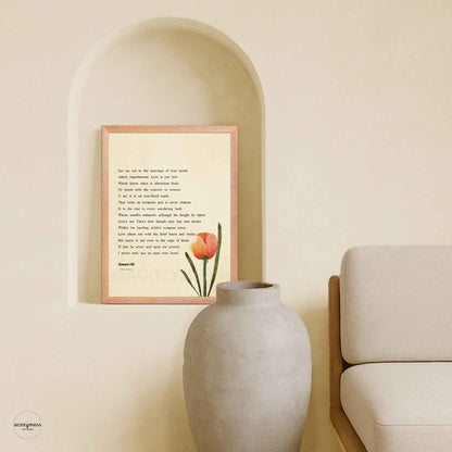 Oakwood Framed Sonnet 116 poem by William Shakespeare with a tulip art on beige background  for natural decor