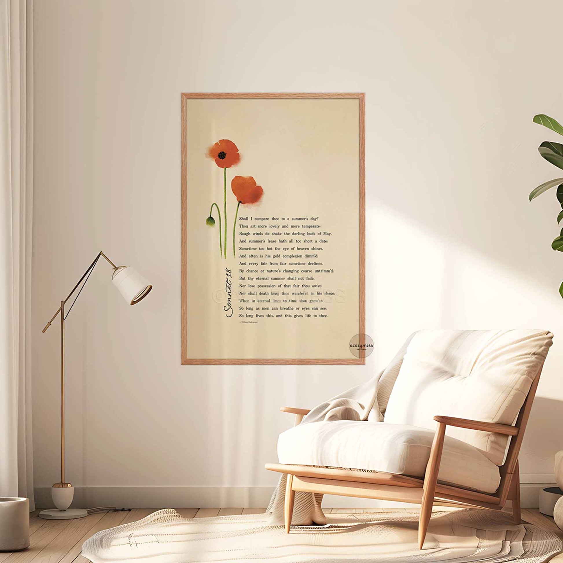 sonnet 18 poem by William Shakespeare with poppy art on beige background in oakwood frame for timeless literary decor.