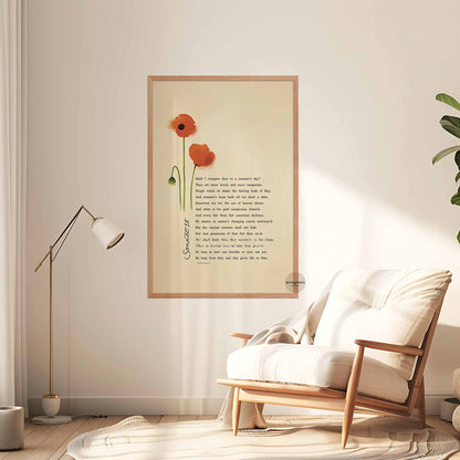 sonnet 18 poem by William Shakespeare with poppy art on beige background in oakwood frame for timeless literary decor.