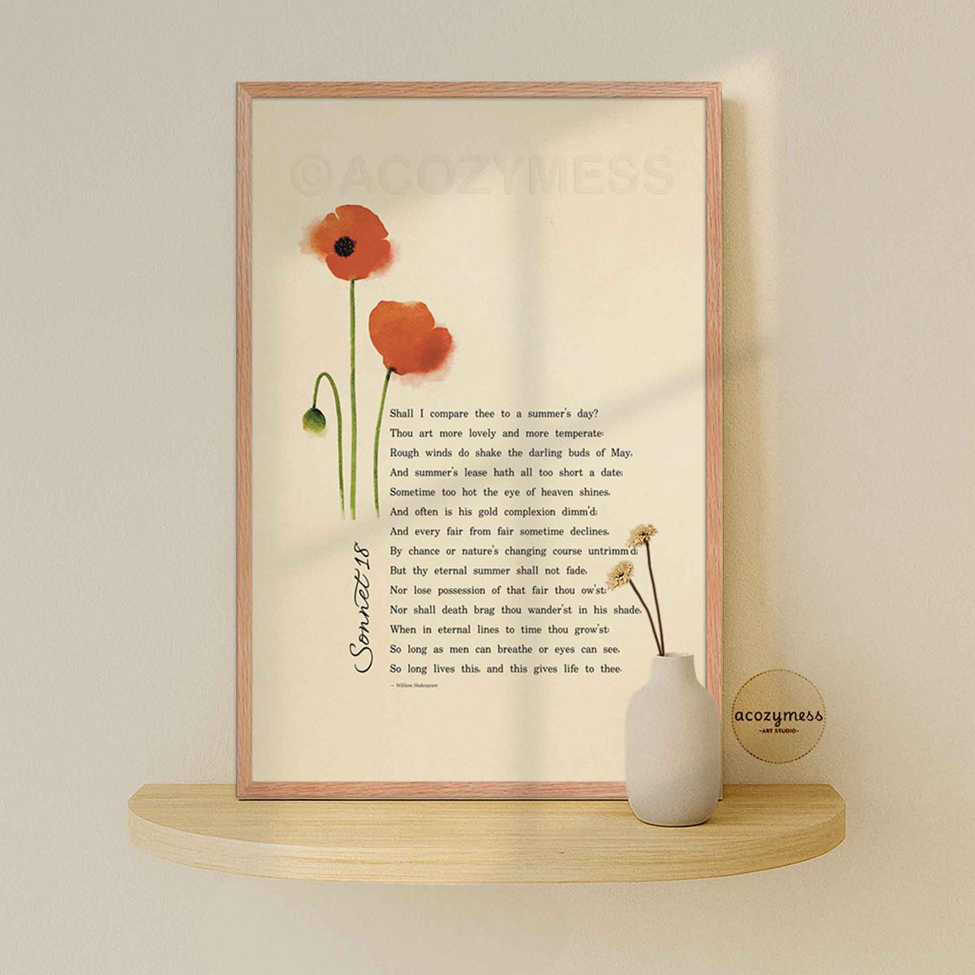 Framed artwork with poppies and sonnet 18  
