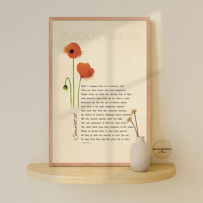 Framed artwork with poppies and sonnet 18  