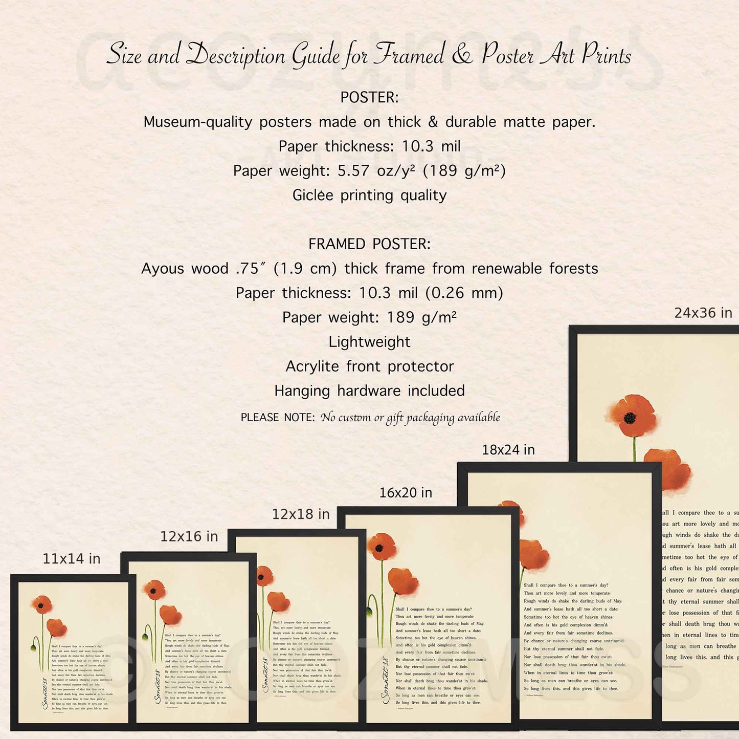 Size and description guide for framed and poster art prints with sample prints displayed.